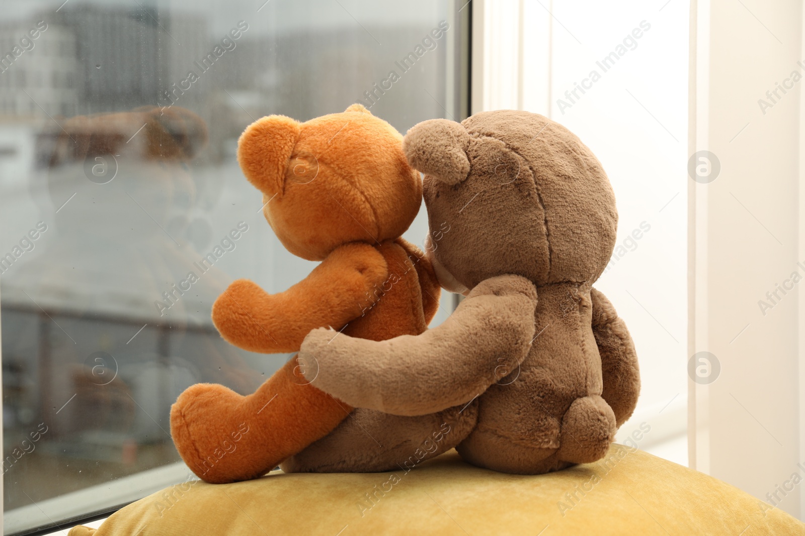 Photo of Teddy bears on window sill at home, back view