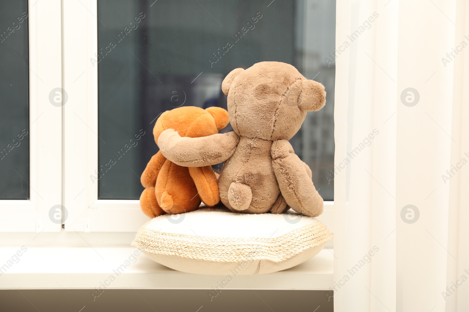 Photo of Teddy bears on window sill at home, back view