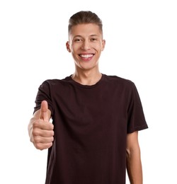 Photo of Happy man showing thumbs up on white background. Like gesture