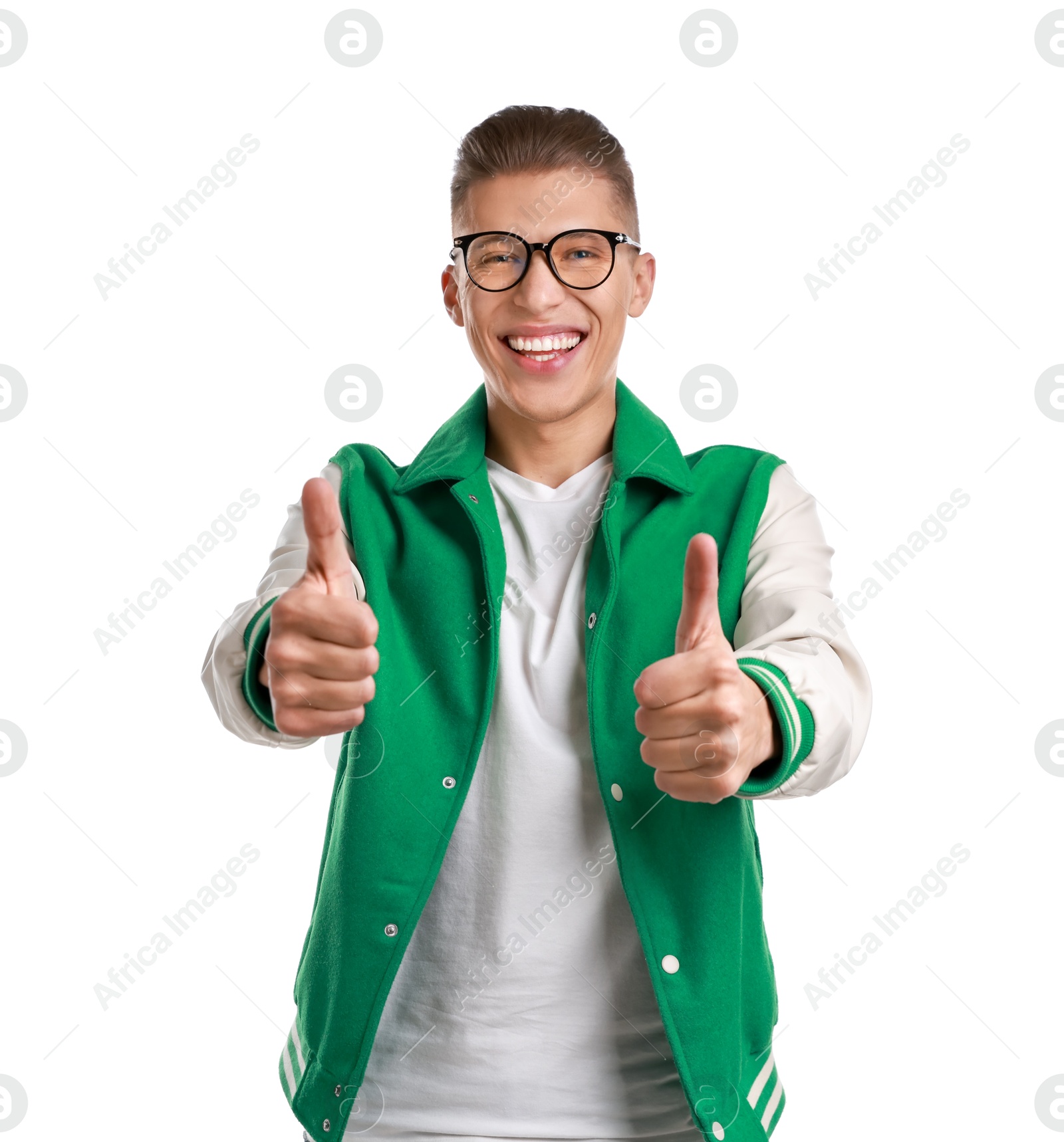 Photo of Happy man showing thumbs up on white background. Like gesture