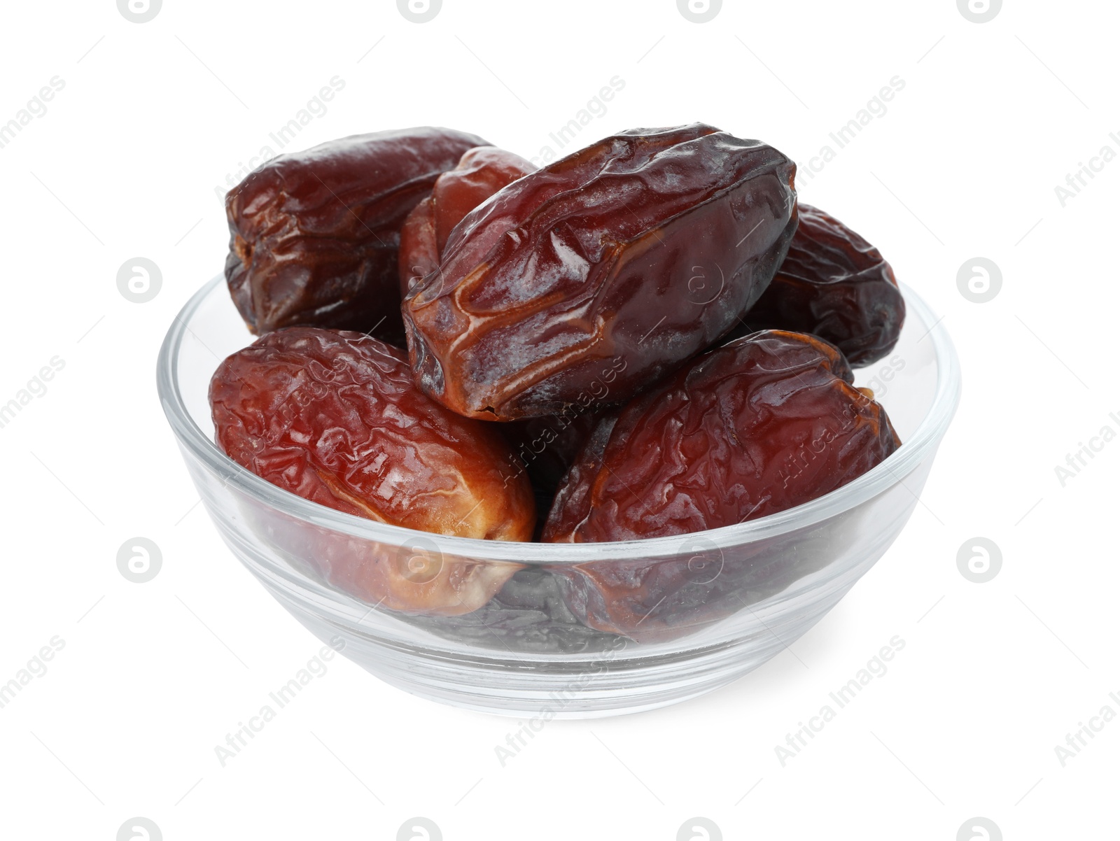 Photo of Tasty dried dates in bowl isolated on white