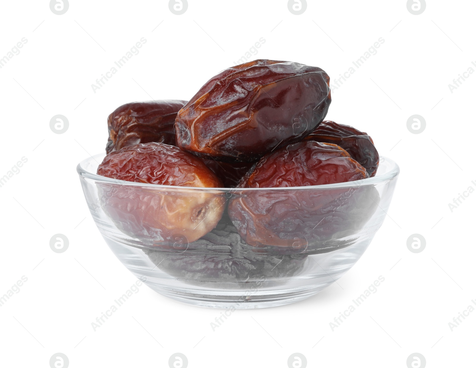 Photo of Tasty dried dates in bowl isolated on white