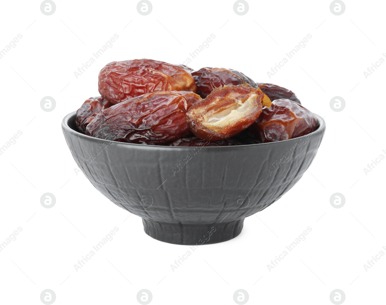 Photo of Tasty dried dates in bowl isolated on white