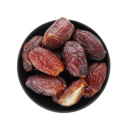 Photo of Tasty dried dates in bowl isolated on white, top view