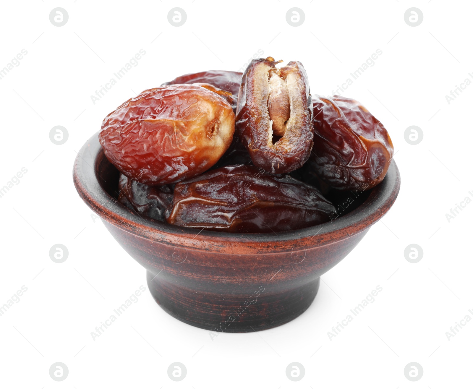 Photo of Tasty dried dates in bowl isolated on white