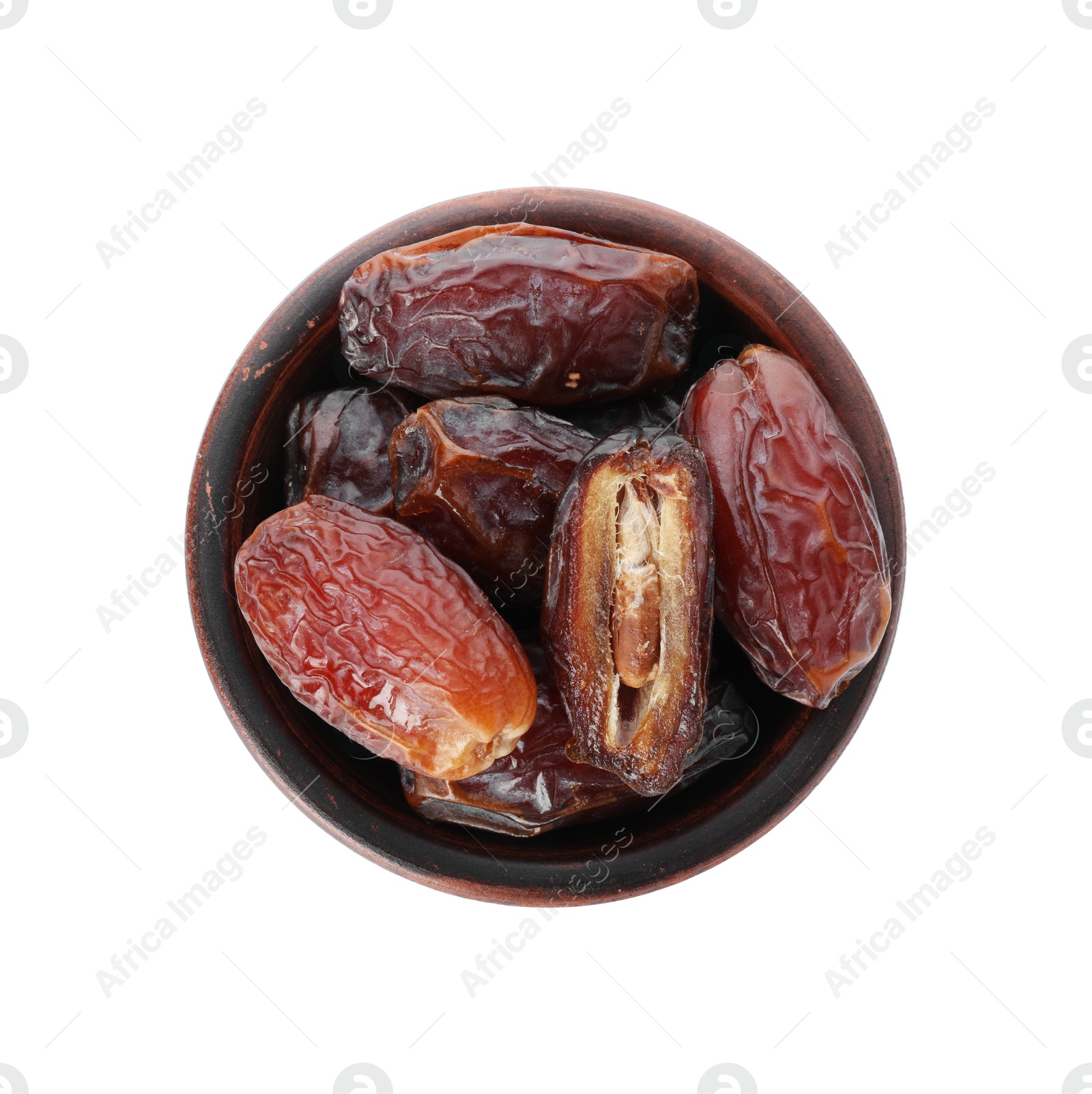 Photo of Tasty dried dates in bowl isolated on white, top view