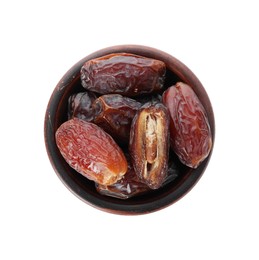 Photo of Tasty dried dates in bowl isolated on white, top view