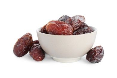 Photo of Tasty dried dates in bowl isolated on white