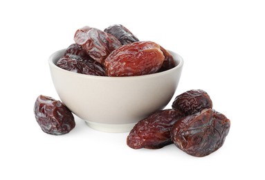 Photo of Tasty dried dates in bowl isolated on white