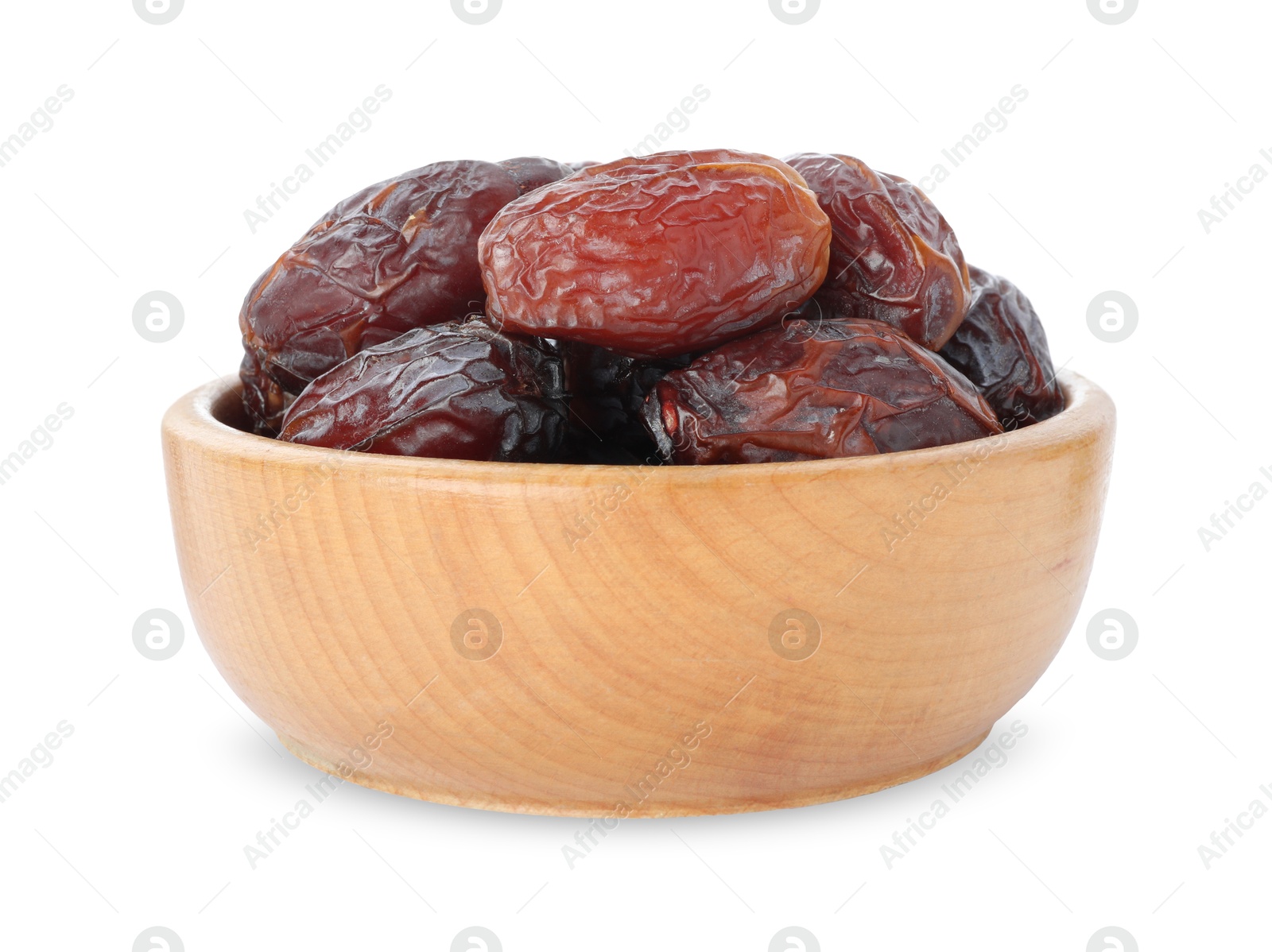 Photo of Tasty dried dates in bowl isolated on white