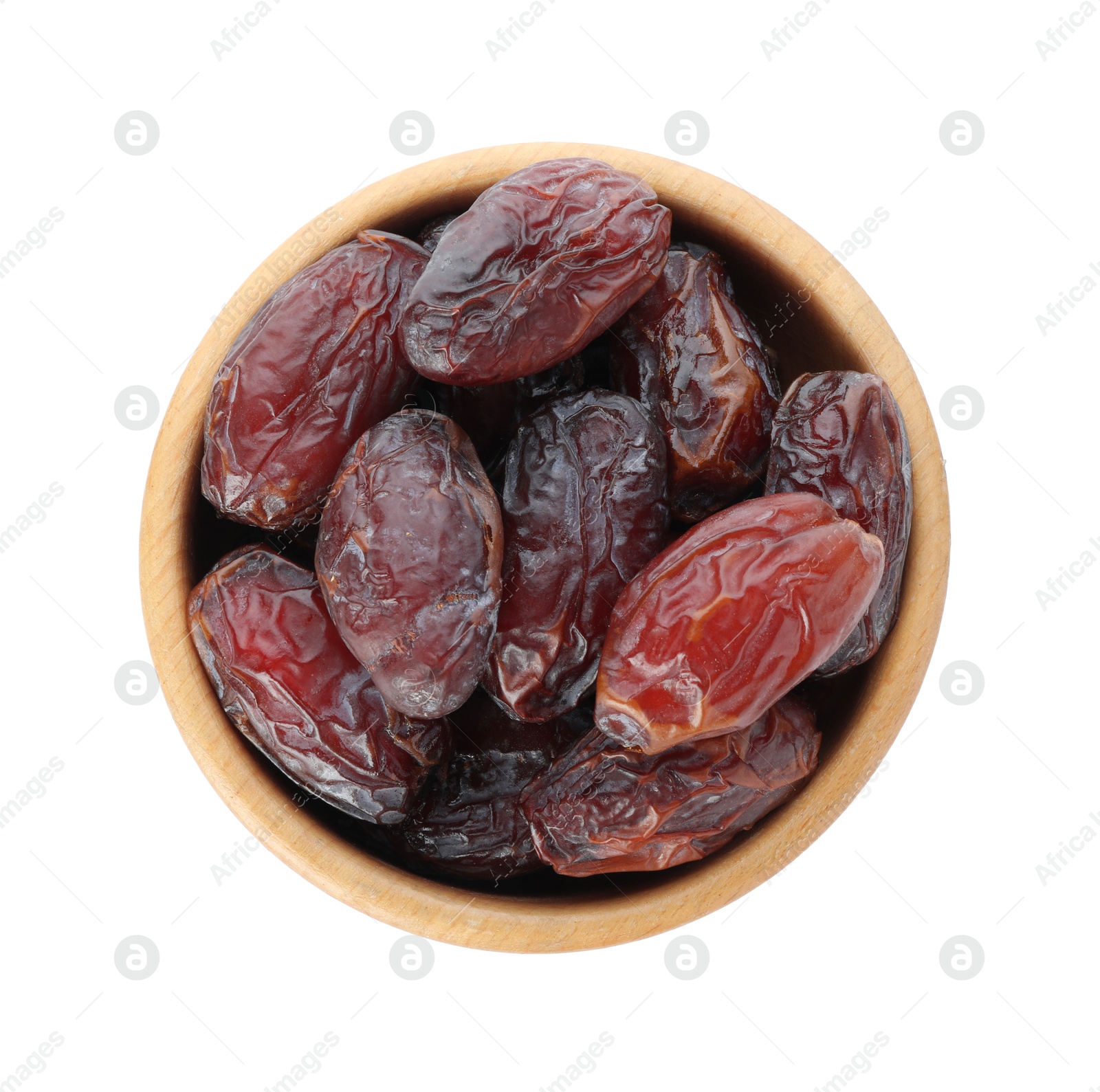 Photo of Tasty dried dates in bowl isolated on white, top view