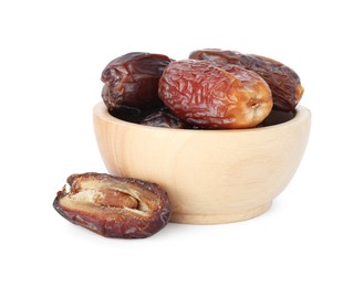 Photo of Tasty dried dates in bowl isolated on white