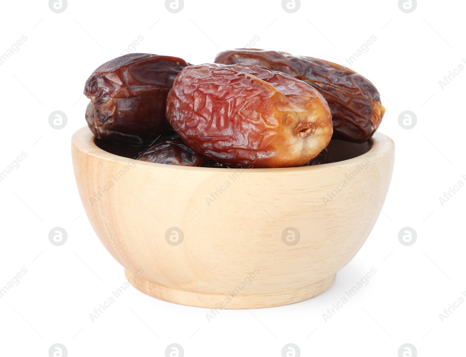 Photo of Tasty dried dates in bowl isolated on white