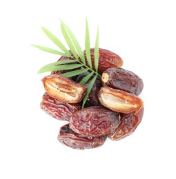 Photo of Tasty dried dates and leaf isolated on white, top view