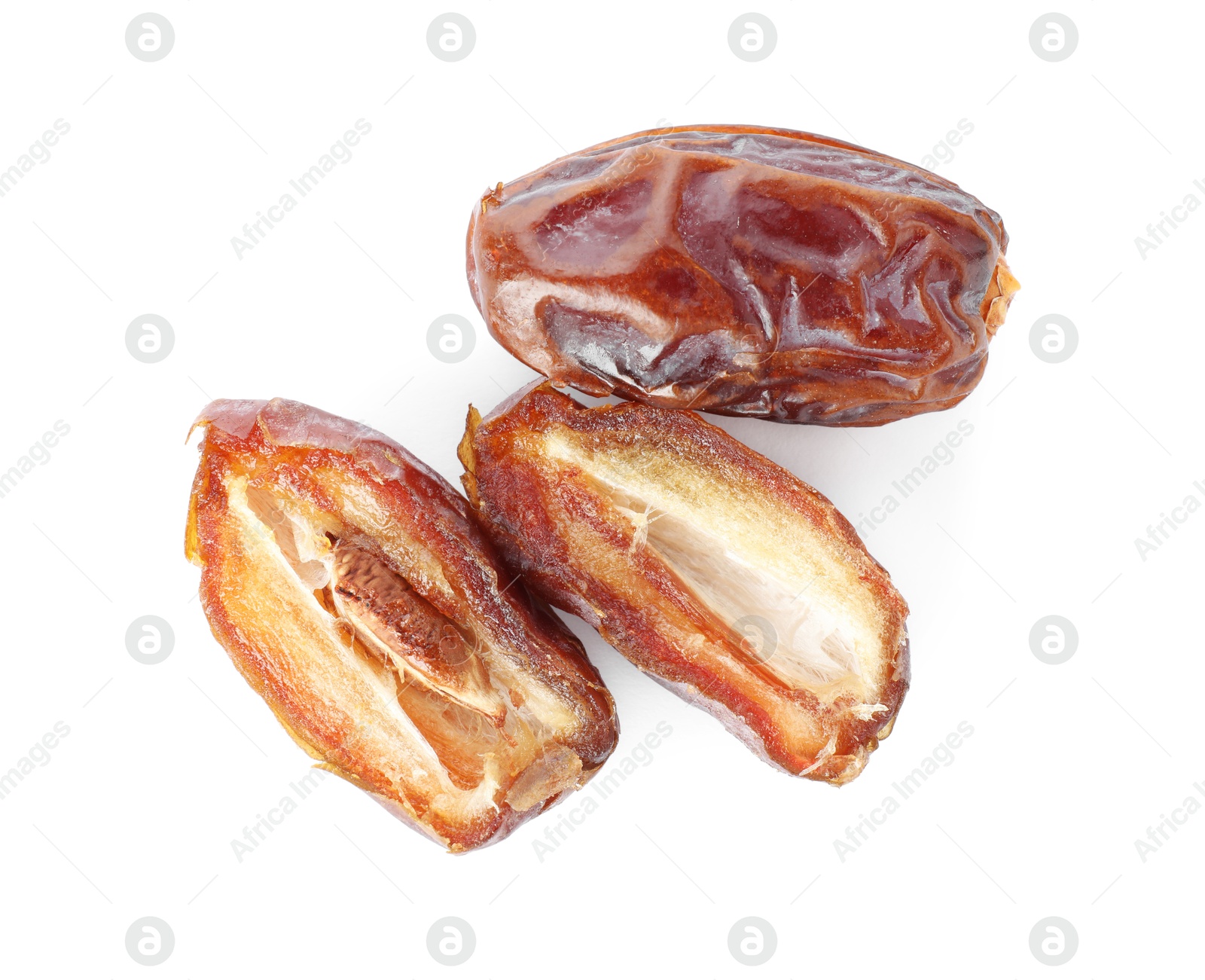 Photo of Three tasty dried dates isolated on white, top view