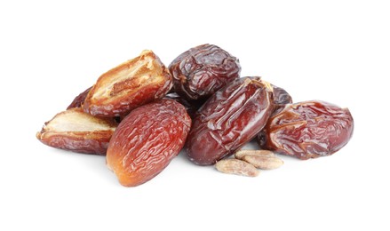 Photo of Tasty dried dates and seeds isolated on white