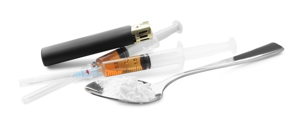 Photo of Drug addiction. Spoon with powder, cigarette lighter and syringes isolated on white