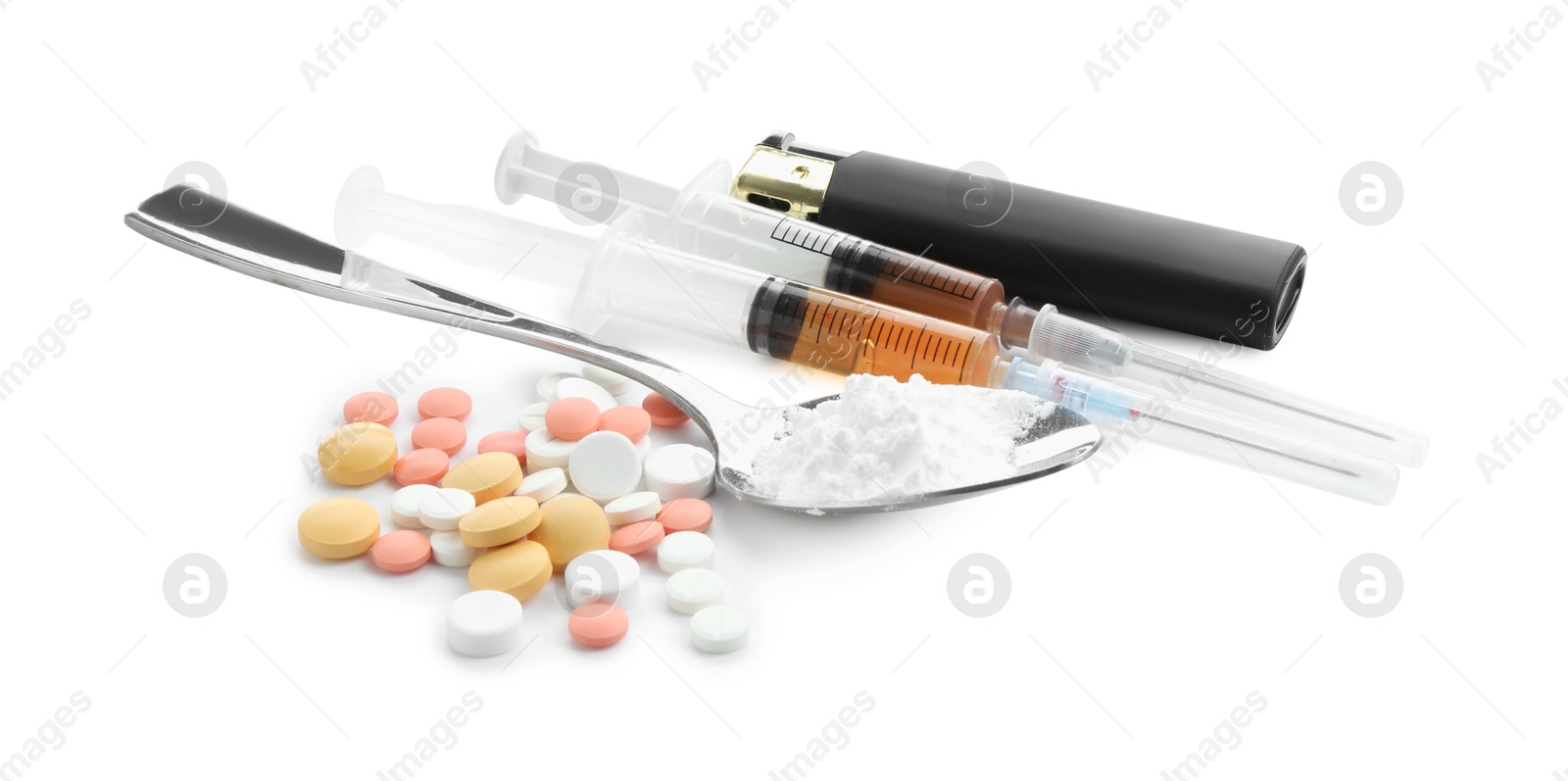 Photo of Drug addiction. Different pills, spoon with powder, cigarette lighter and syringes isolated on white