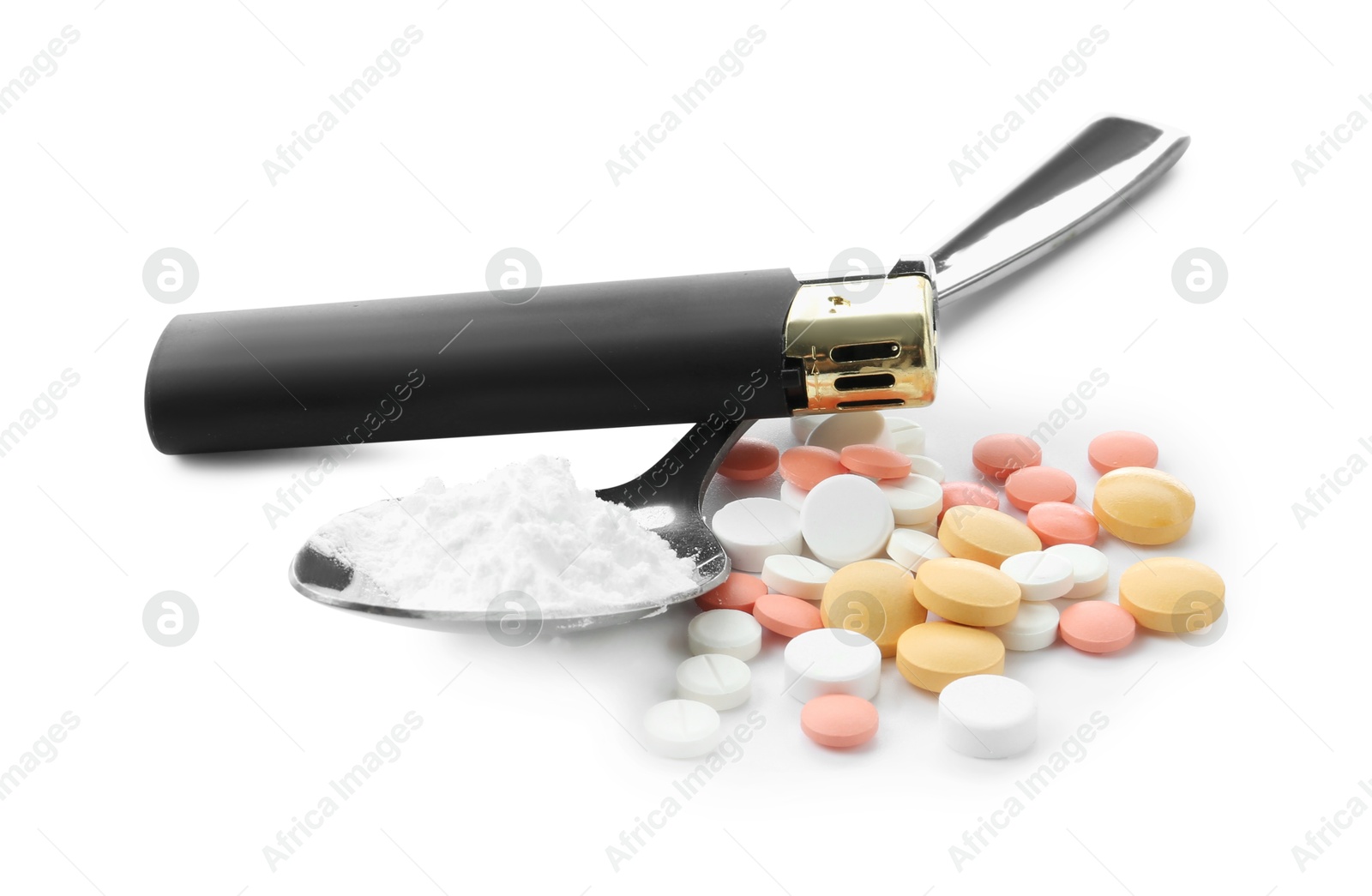 Photo of Drug addiction. Different pills, spoon with powder and cigarette lighter isolated on white