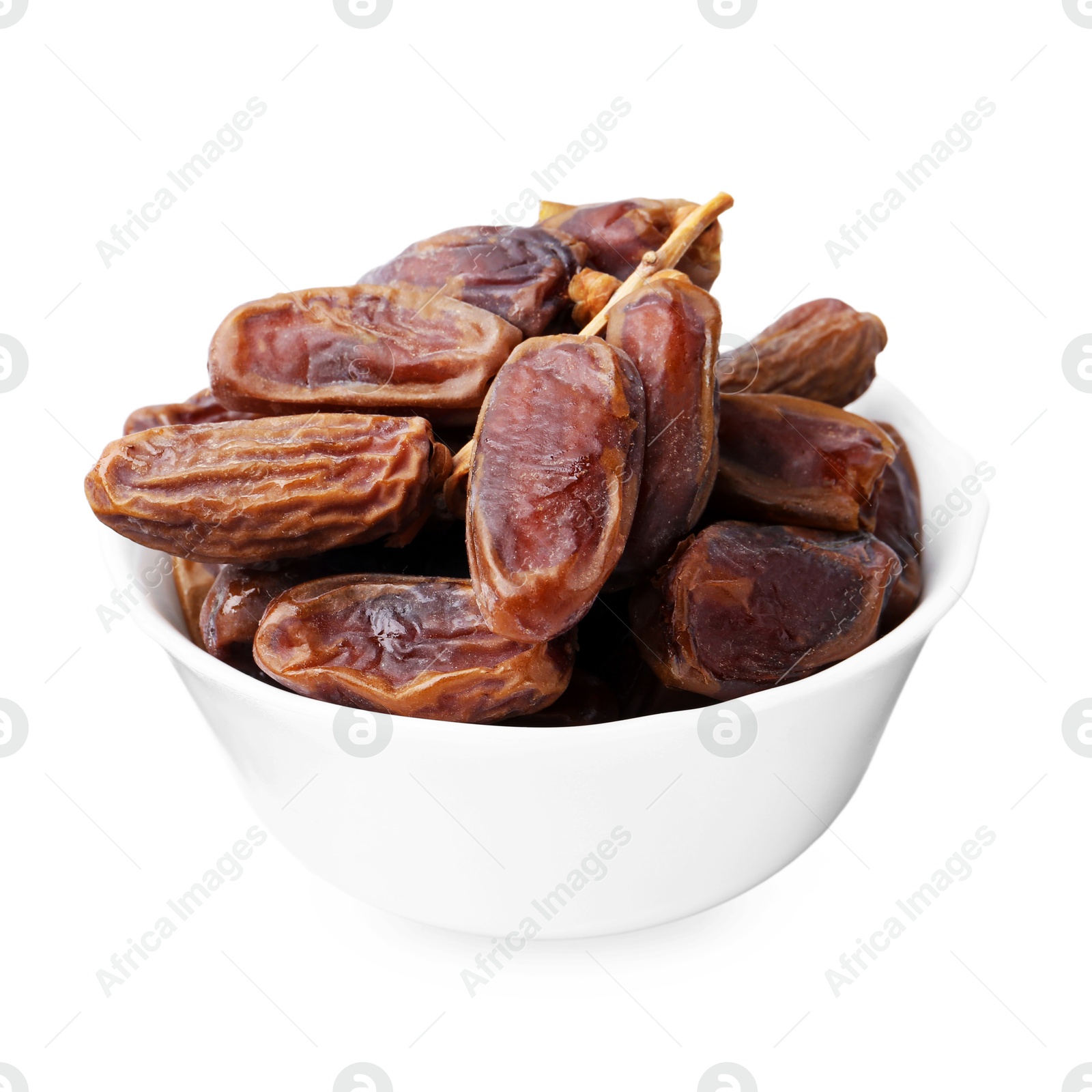 Photo of Tasty dried dates in bowl isolated on white