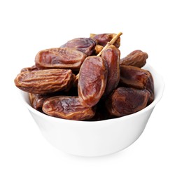 Photo of Tasty dried dates in bowl isolated on white