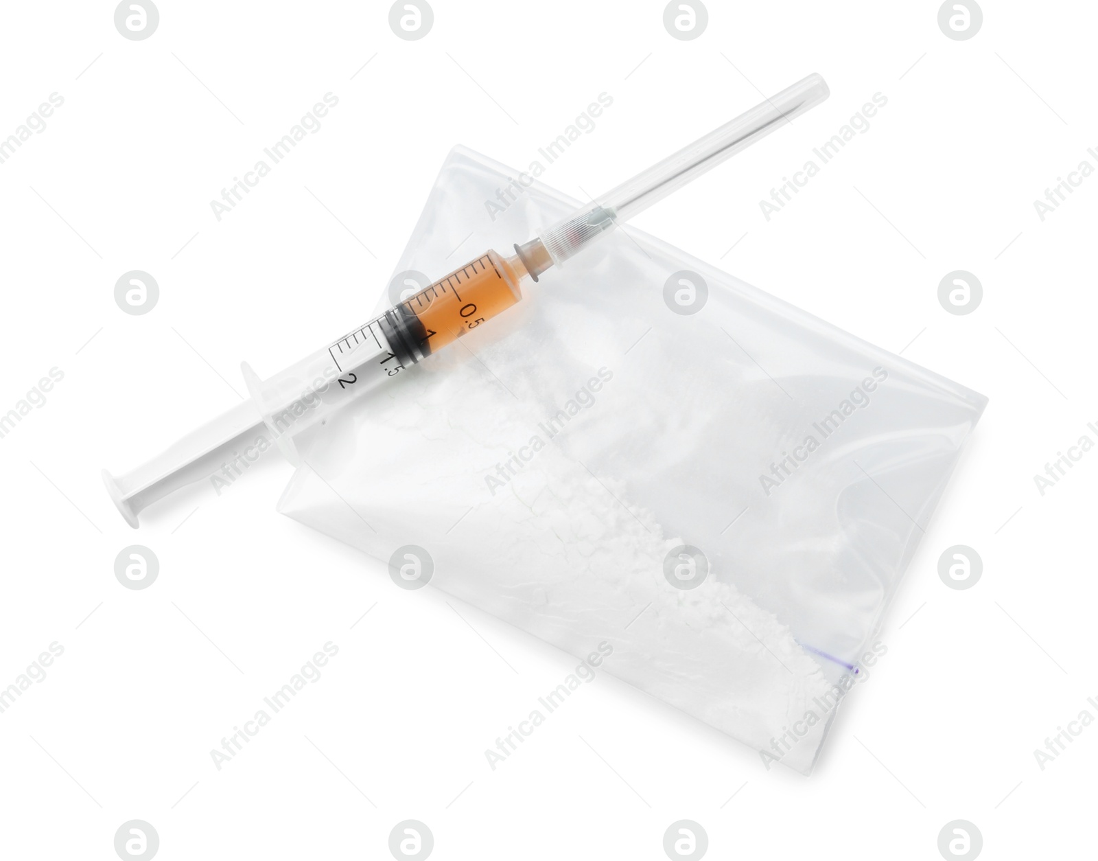 Photo of Drug addiction. Plastic bag with powder and syringe isolated on white, top view