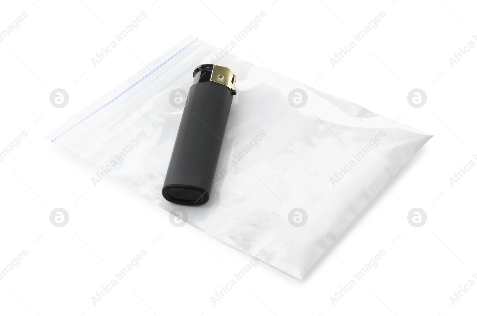 Photo of Drug addiction. Plastic bag with powder and cigarette lighter isolated on white