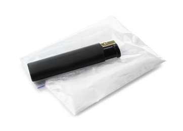 Photo of Drug addiction. Plastic bag with powder and cigarette lighter isolated on white