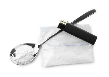 Photo of Drug addiction. Plastic bag with powder, spoon and cigarette lighter isolated on white, top view