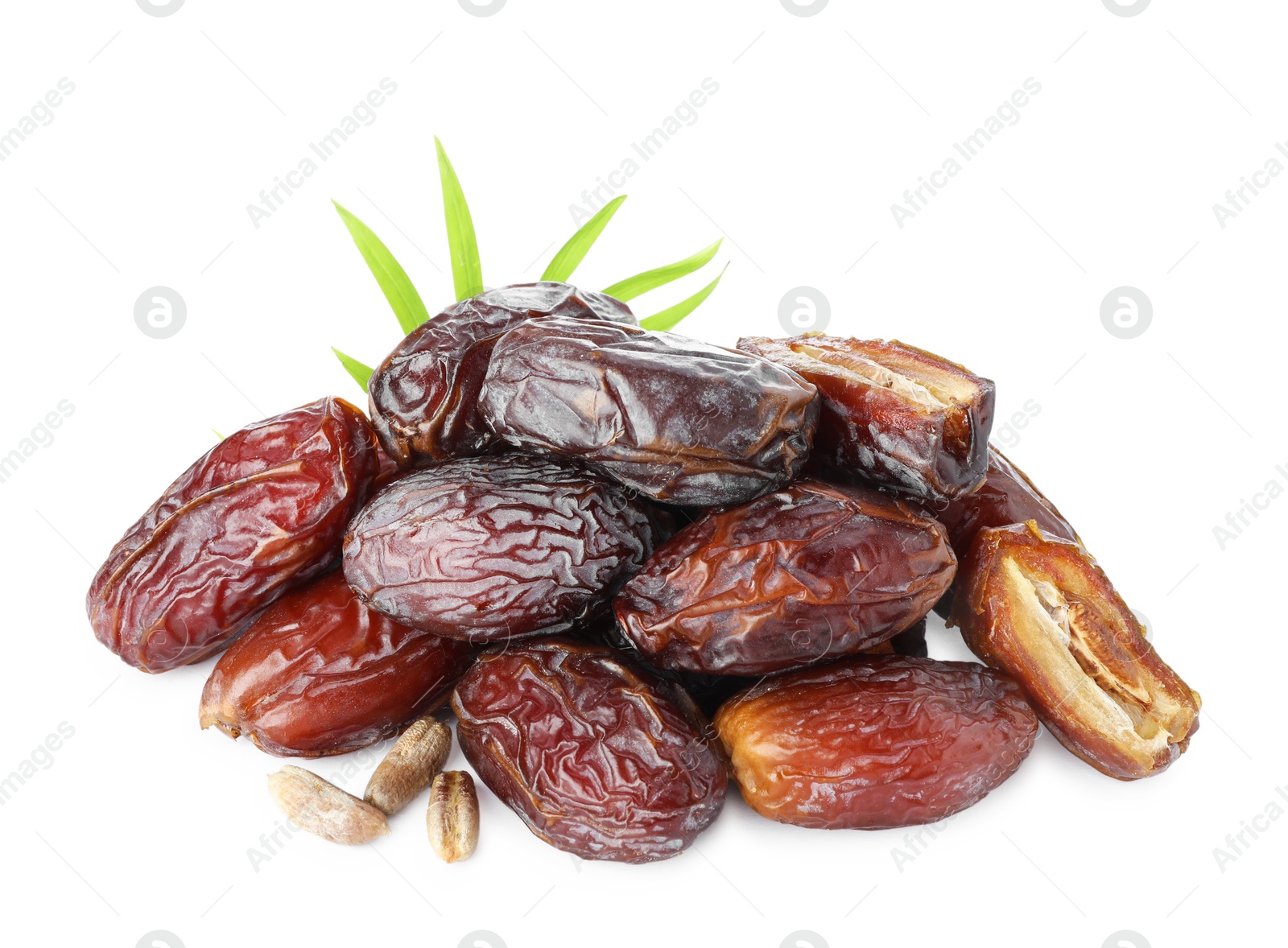 Photo of Many tasty dried dates with seeds isolated on white