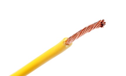 Photo of Yellow stripped electrical wire on white background