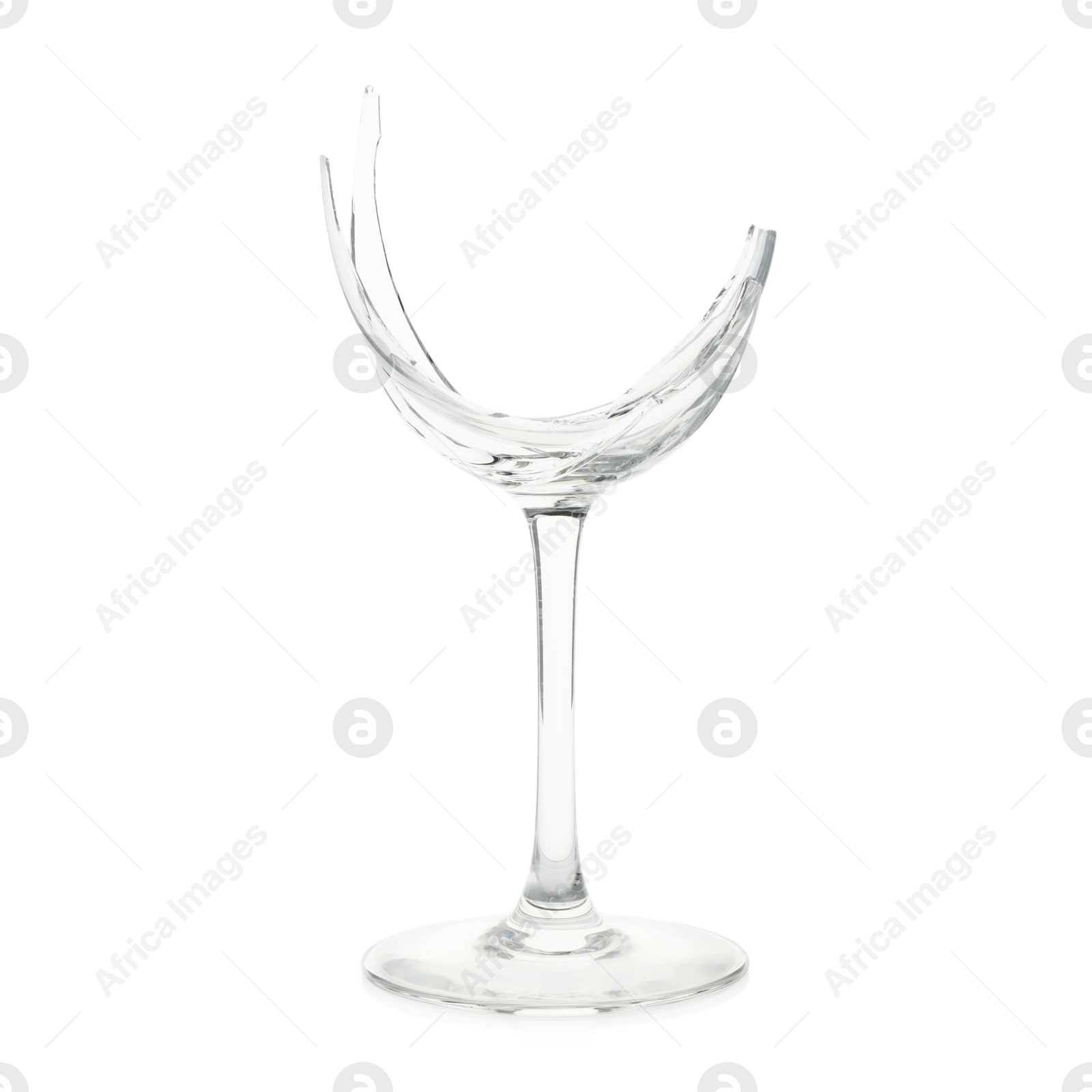 Photo of One broken wine glass isolated on white