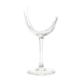 Photo of One broken wine glass isolated on white