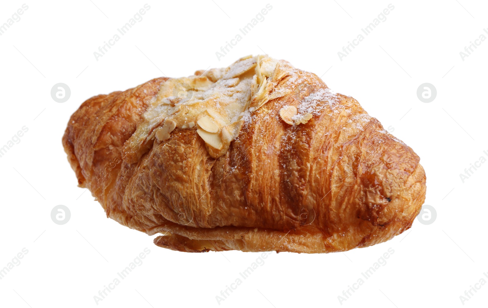 Photo of Delicious fresh croissant with almond flakes isolated on white