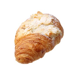 Photo of Delicious fresh croissant with almond flakes isolated on white