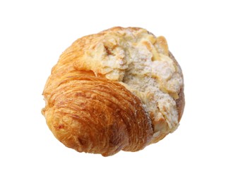 Photo of Delicious fresh croissant with almond flakes isolated on white