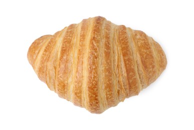 Photo of Freshly baked delicious croissant isolated on white, top view