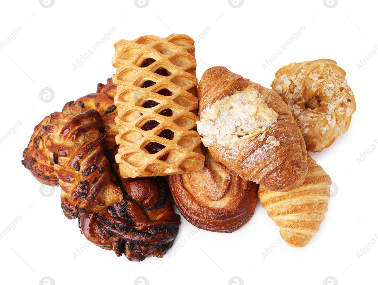 Photo of Different delicious sweet pastries isolated on white, top view