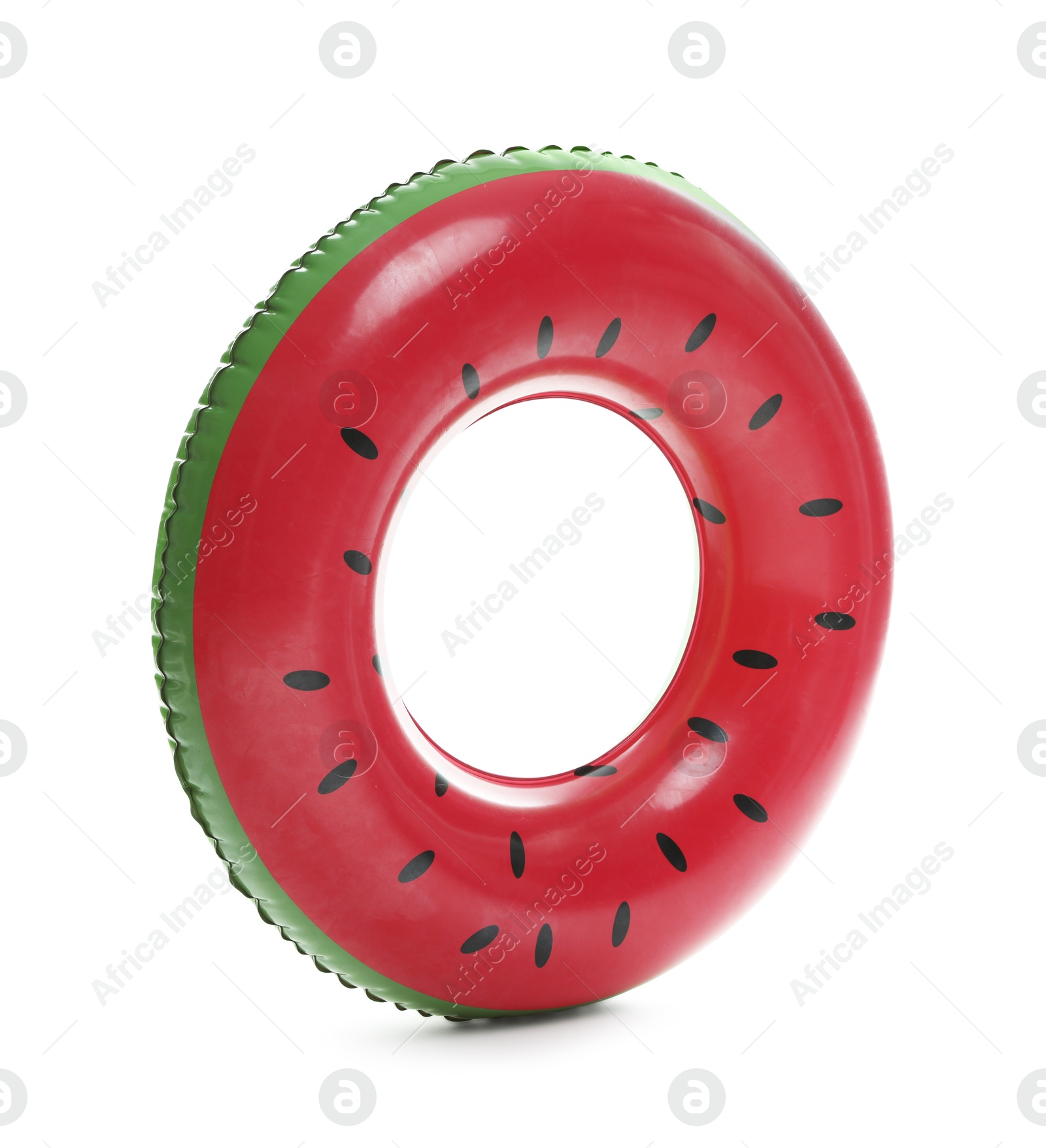 inflatable ring with watermelon pattern isolated on white Photo of inflatable ring with watermelon pattern isolated on white