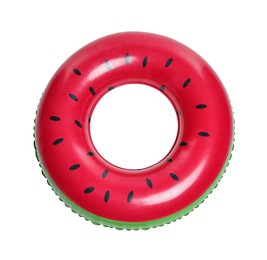 Photo of inflatable ring with watermelon pattern isolated on white, top view