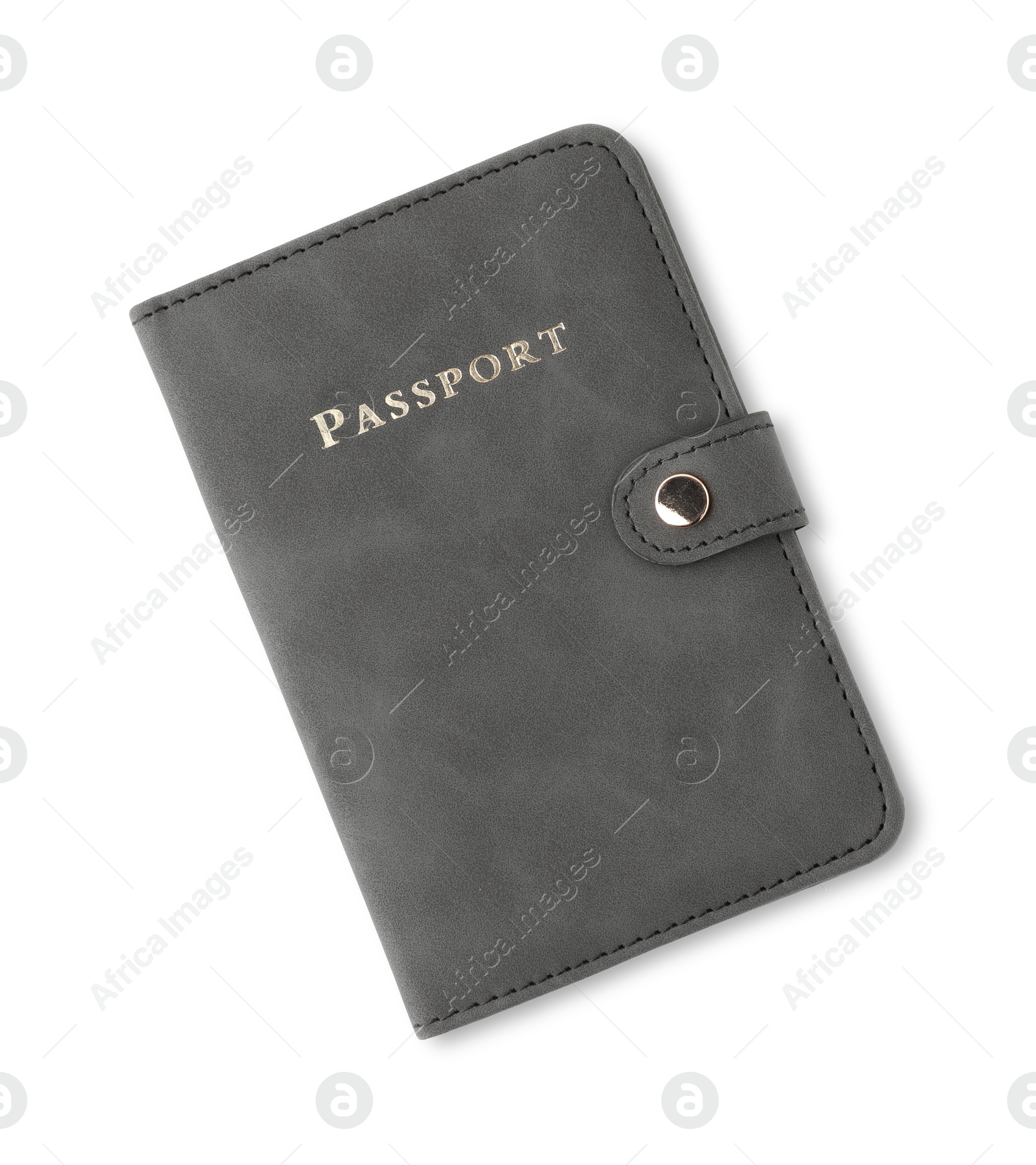 Photo of Passport in grey cover isolated on white, top view