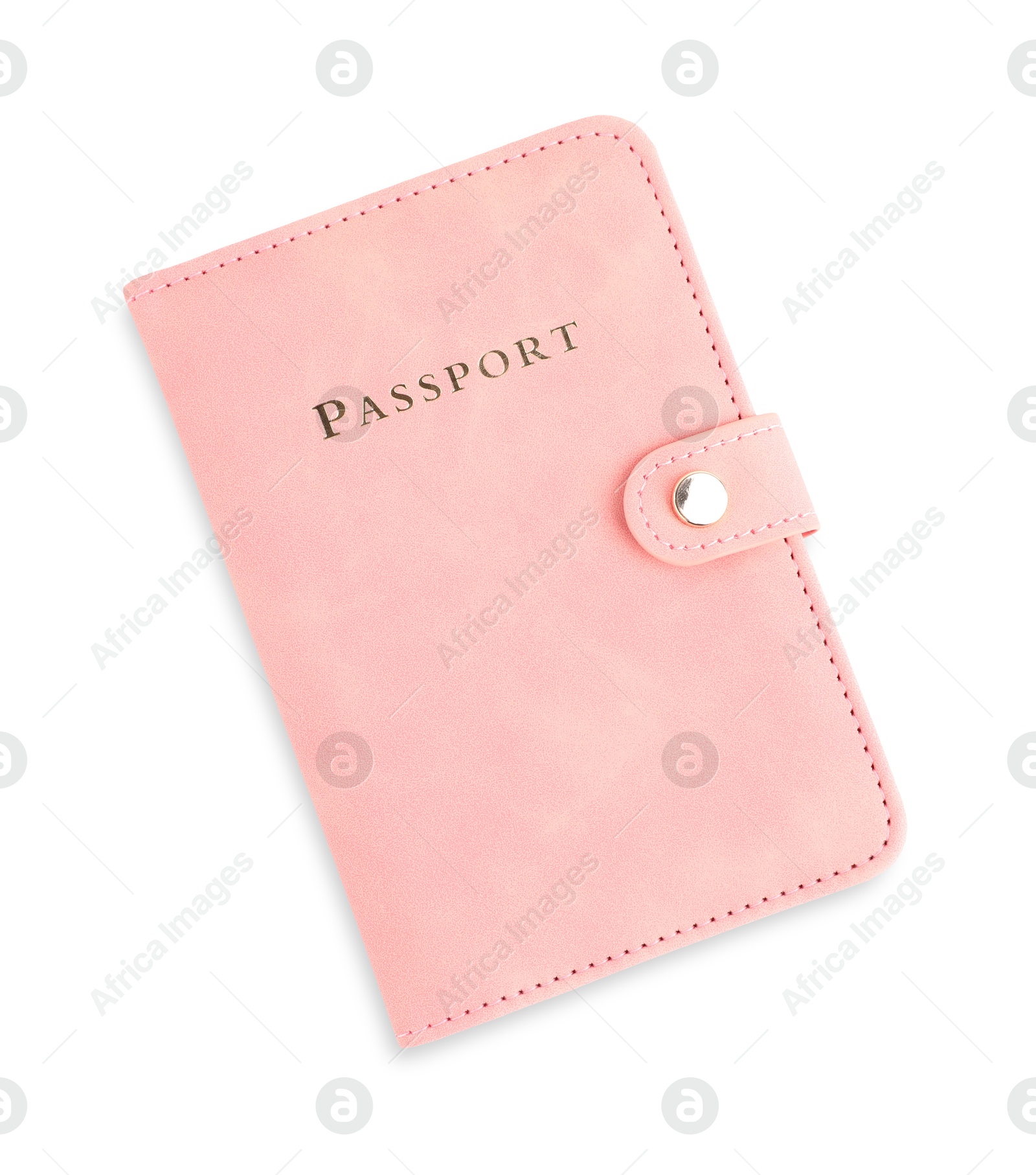 Photo of Passport in pink cover isolated on white, top view