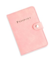 Photo of Passport in pink cover isolated on white, top view