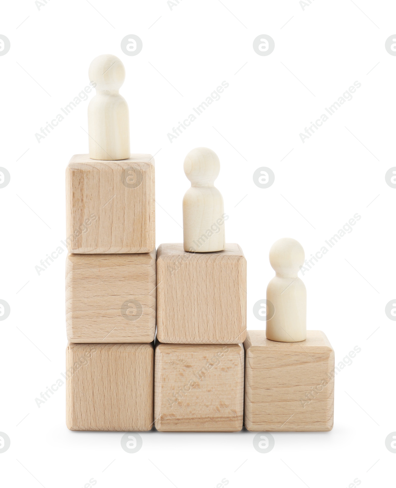 Photo of Human figures on wooden blocks against white background. Competition concept