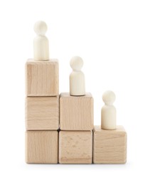 Photo of Human figures on wooden blocks against white background. Competition concept