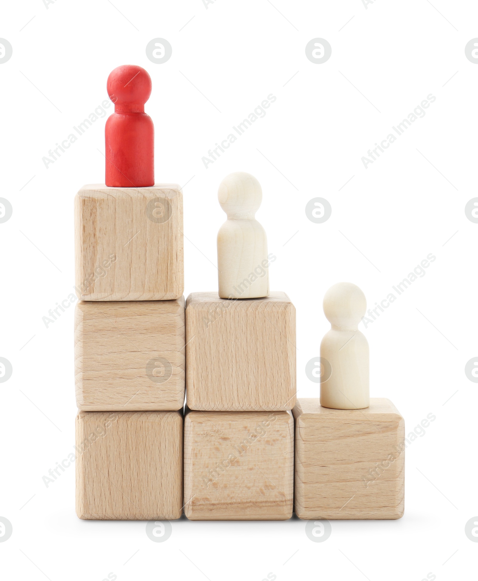 Photo of Human figures on wooden blocks, red one on top against white background. Competition concept