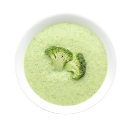 Delicious broccoli cream soup in bowl isolated on white, top view