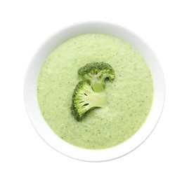 Photo of Delicious broccoli cream soup in bowl isolated on white, top view