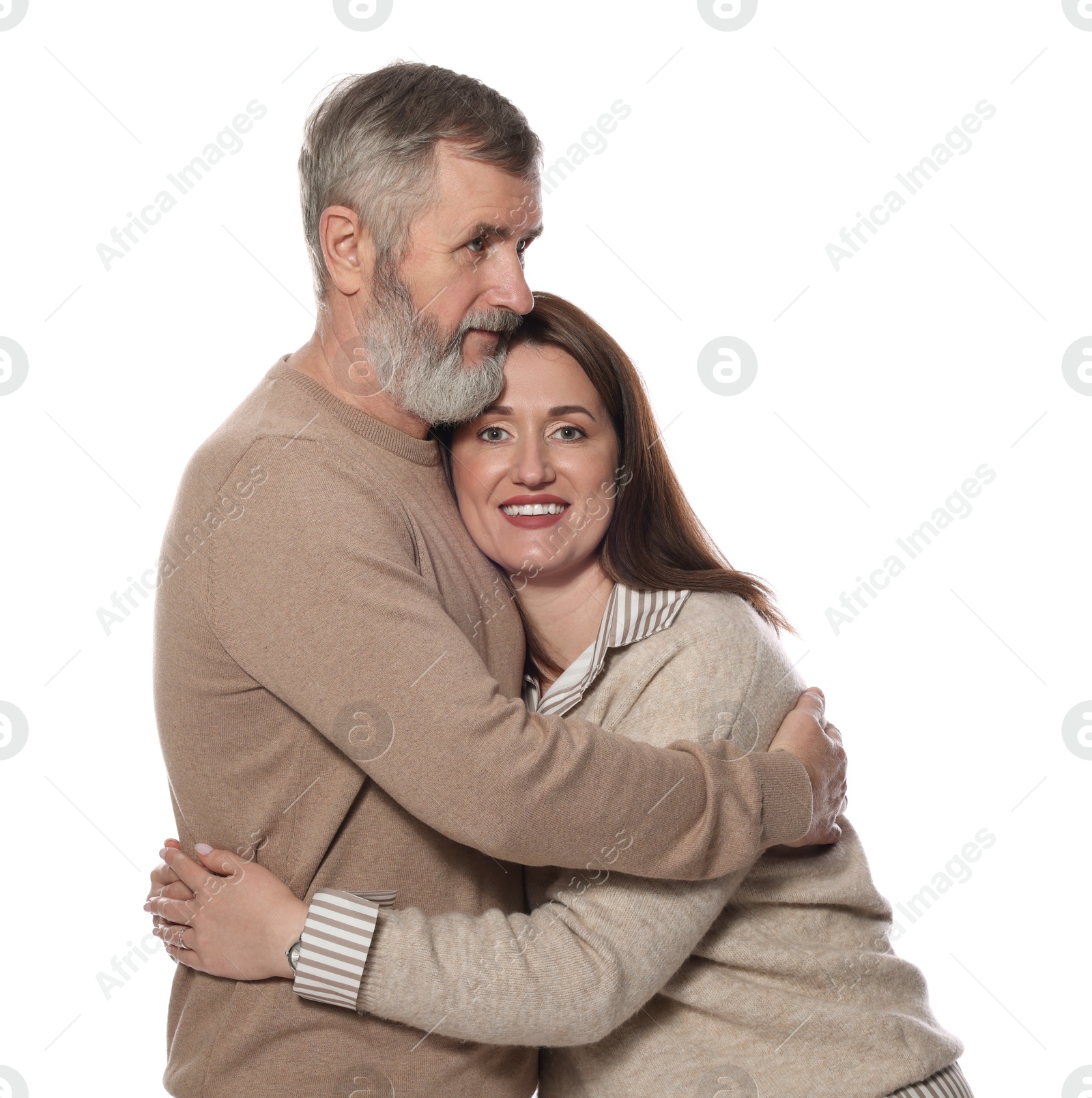 Photo of Father and his happy daughter hugging on white background