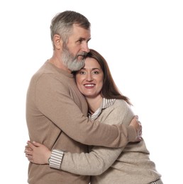 Photo of Father and his happy daughter hugging on white background